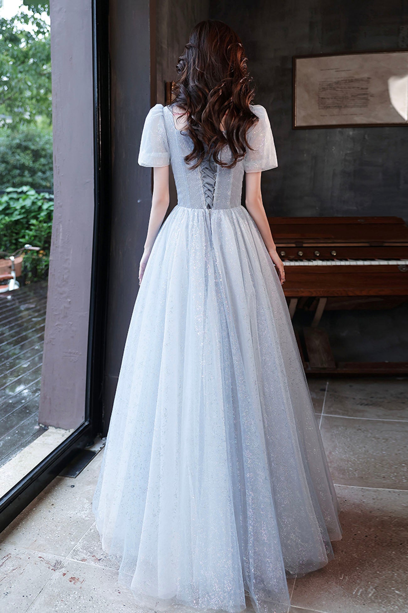 Cute tulle beads long prom dress blue evening dress HZ1023