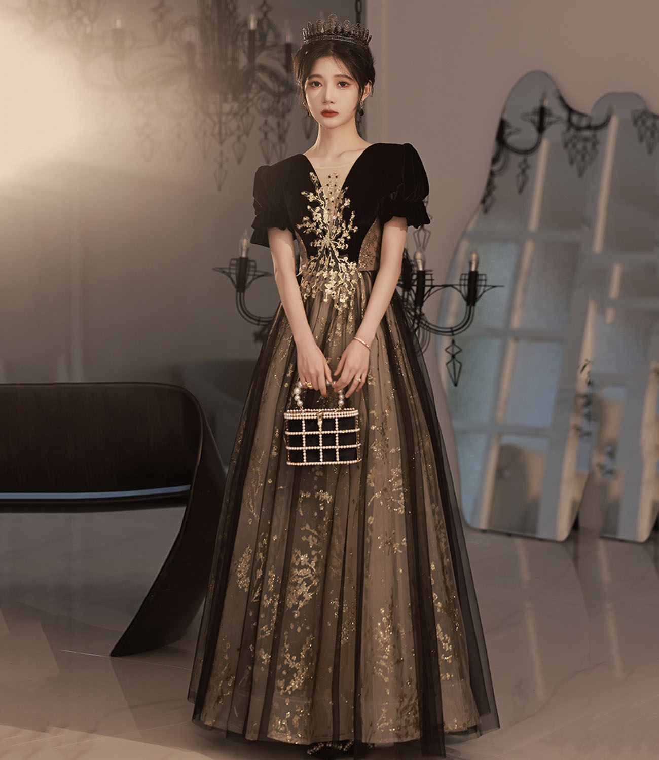 Black tulle sequins long prom dress A line evening dress HZ1023