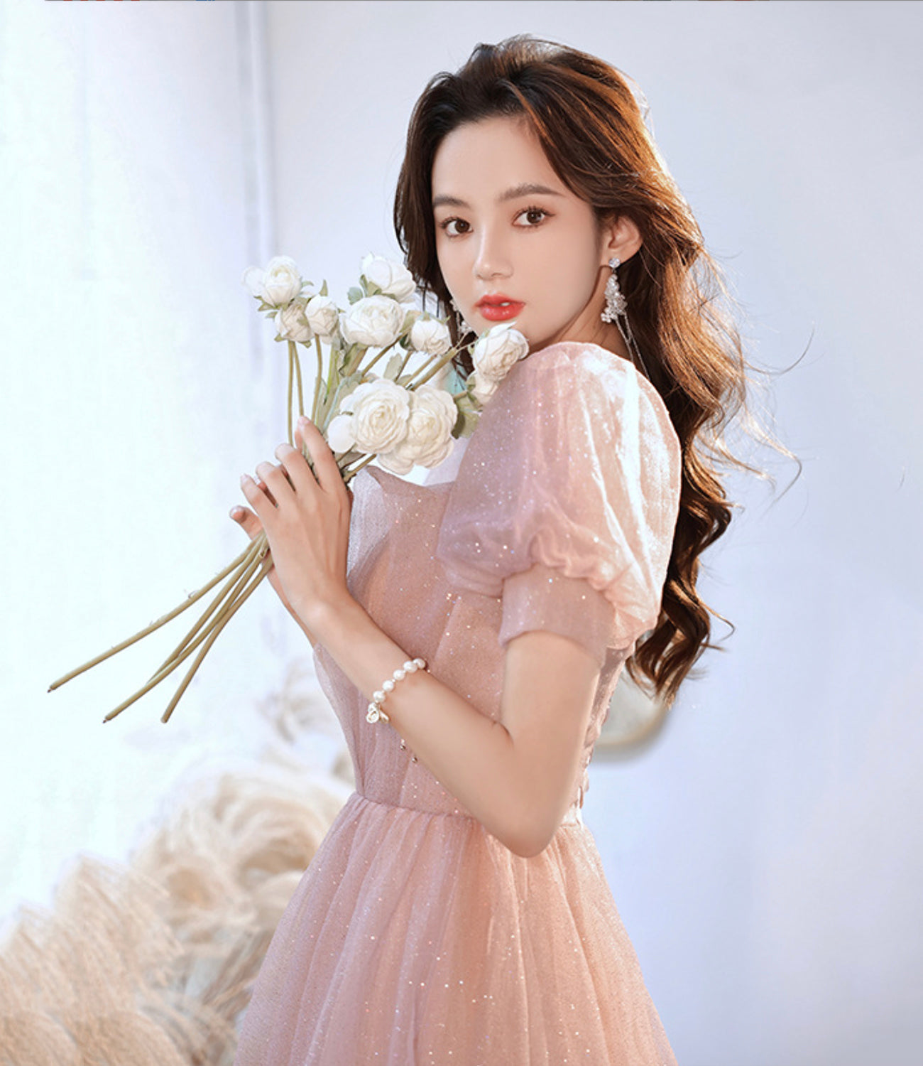 Cute tulle long prom dress pink A line evening dress HZ1023