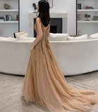 Cute A line v neck lace long prom dress evening dress HZ1023