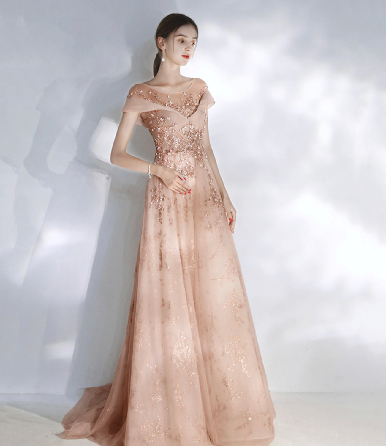 Stylish tulle sequins long prom dress evening dresses HZ1023