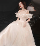 Champagne tulle long prom dress A line evening dress HZ1023