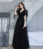 Black v neck tulle long prom dress A line evening dress HZ1023