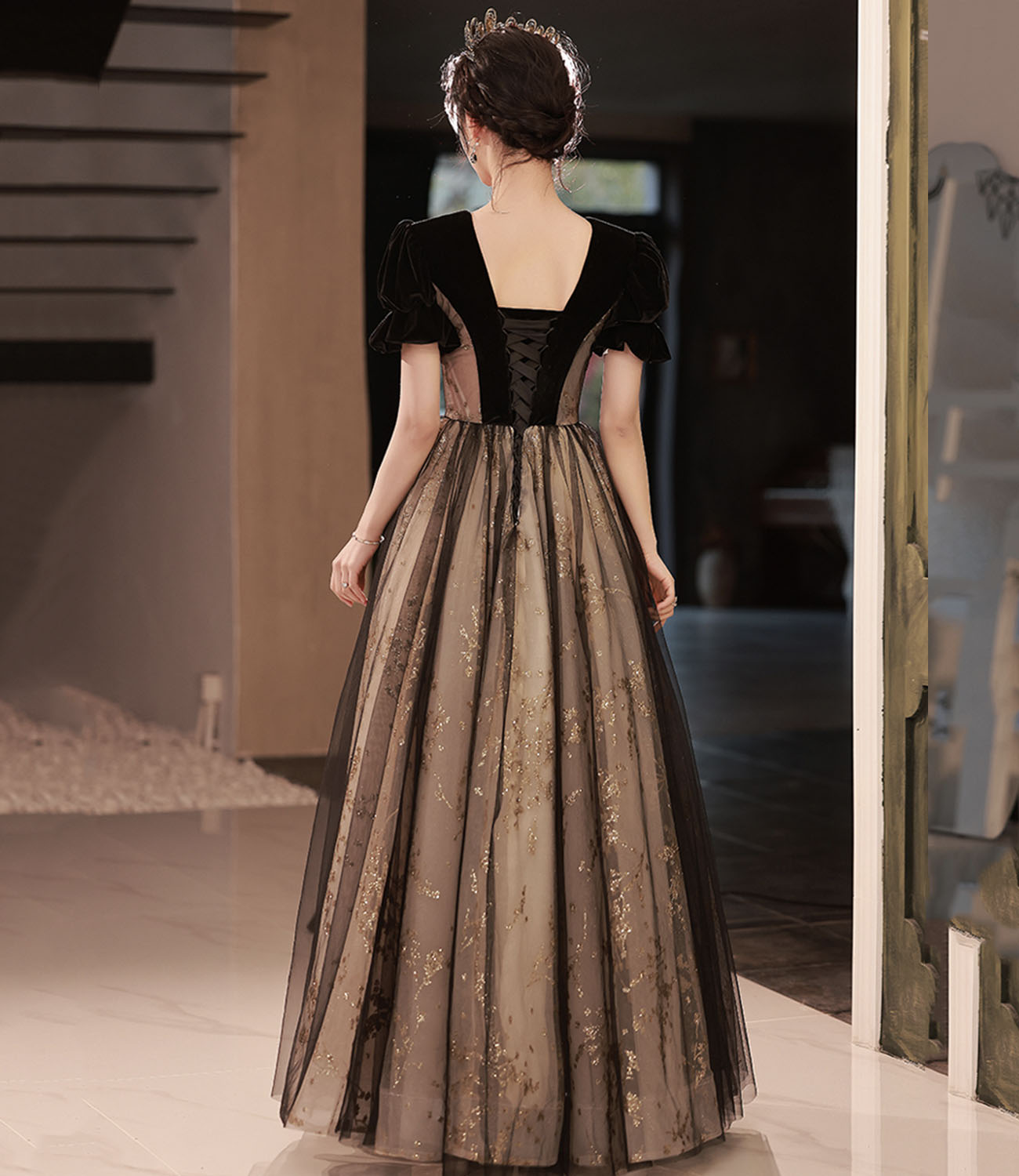 Black tulle sequins long prom dress A line evening dress HZ1023