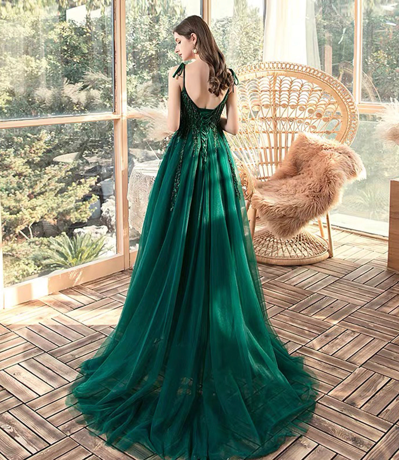 Green tulle lace long prom dress A line evening dress HZ1023