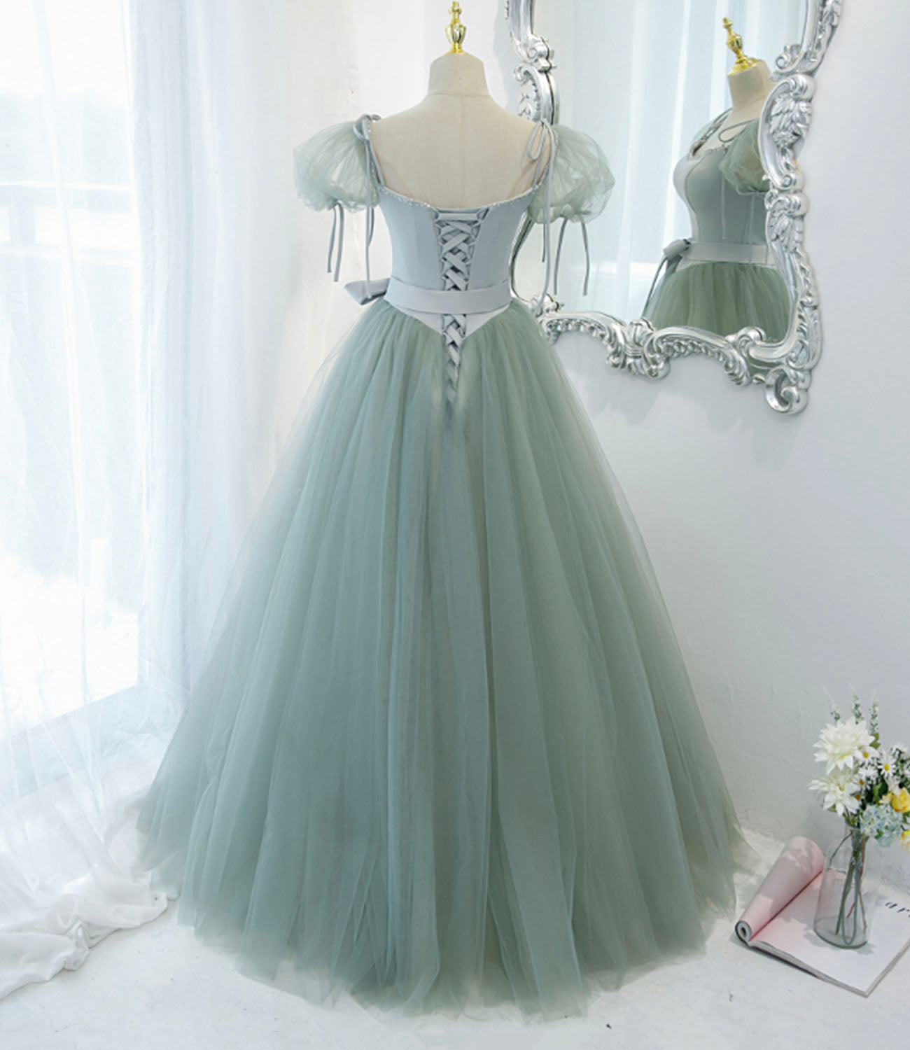 Green satin tulle long prom dress A line evening dress HZ1023