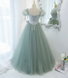 Green satin tulle long prom dress A line evening dress HZ1023