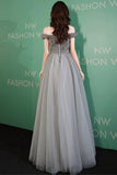 Gray tulle beads long prom dress gray evening dress HZ1023