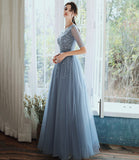 Blue tulle beads long prom dress A line evening gown HZ1023