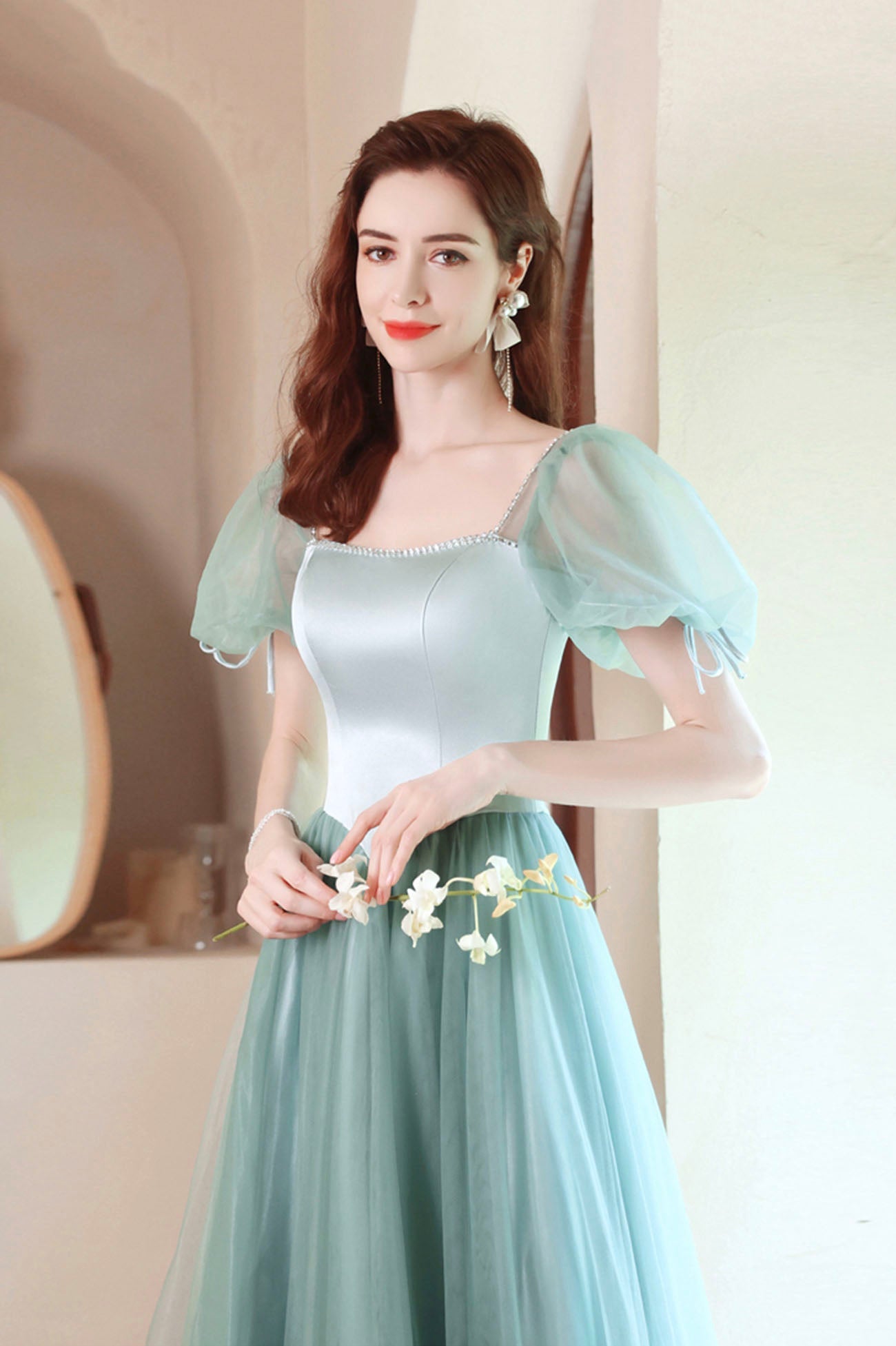 Green satin tulle long prom dress green evening dress HZ1023