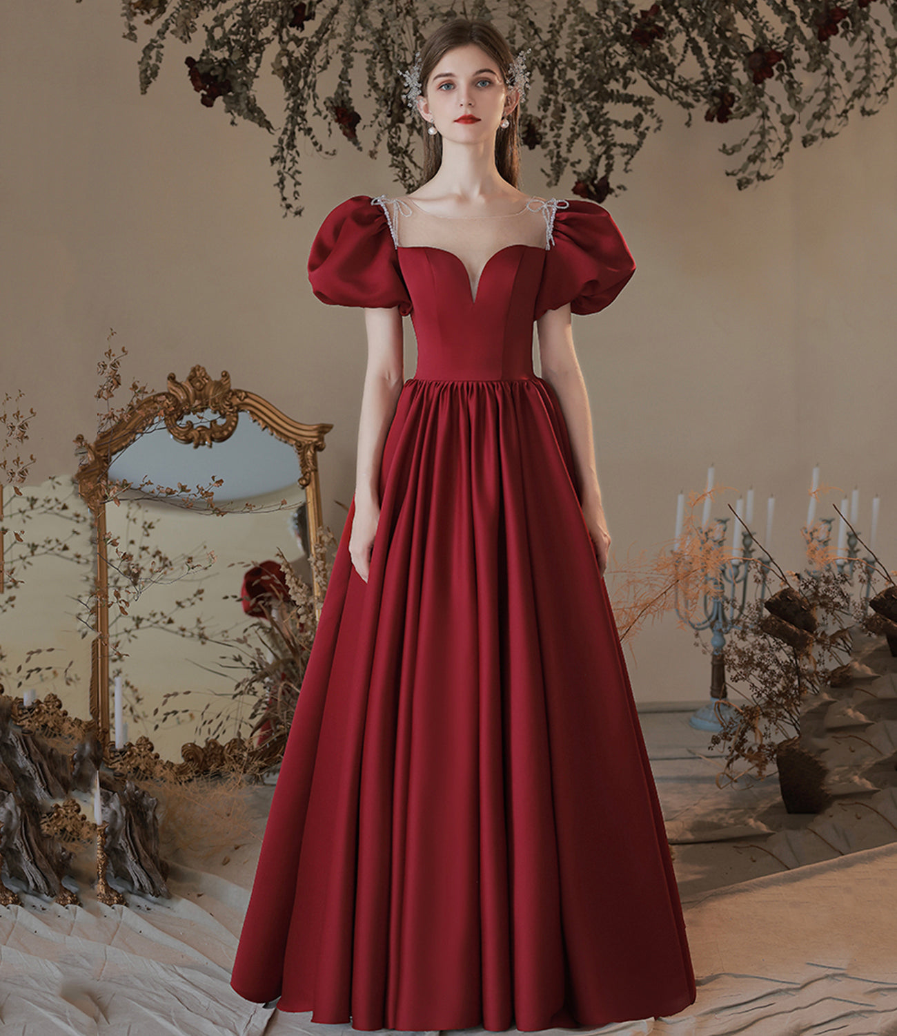 Burgundy satin long prom dress A line evening dress HZ1023