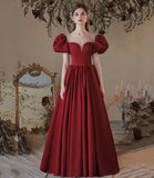 Burgundy satin long prom dress A line evening dress HZ1023