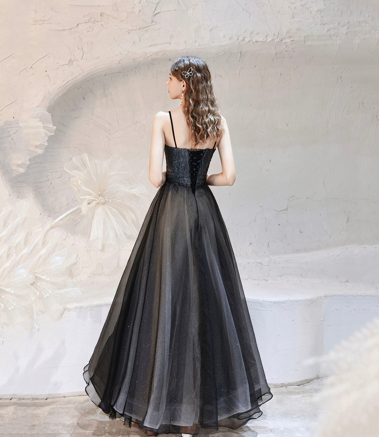 Black tulle long prom dress A line evening dress HZ1023