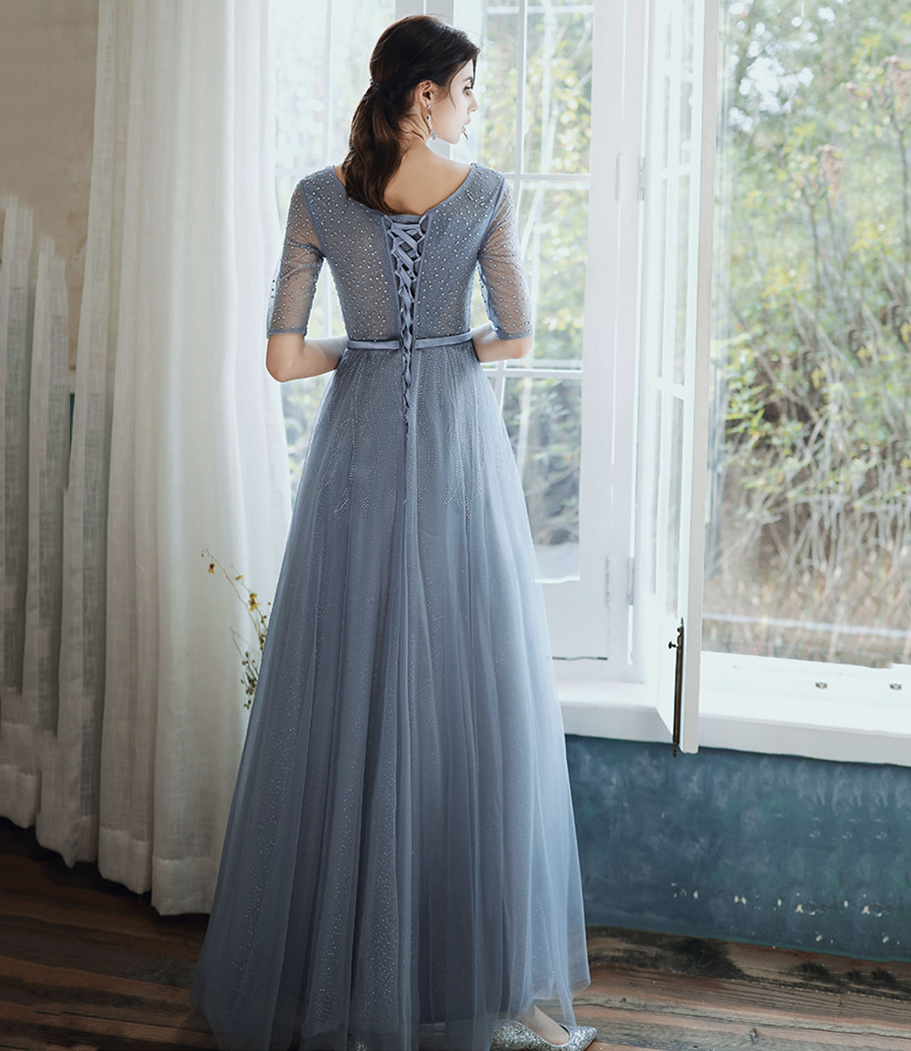 Blue tulle beads long prom dress A line evening gown HZ1023