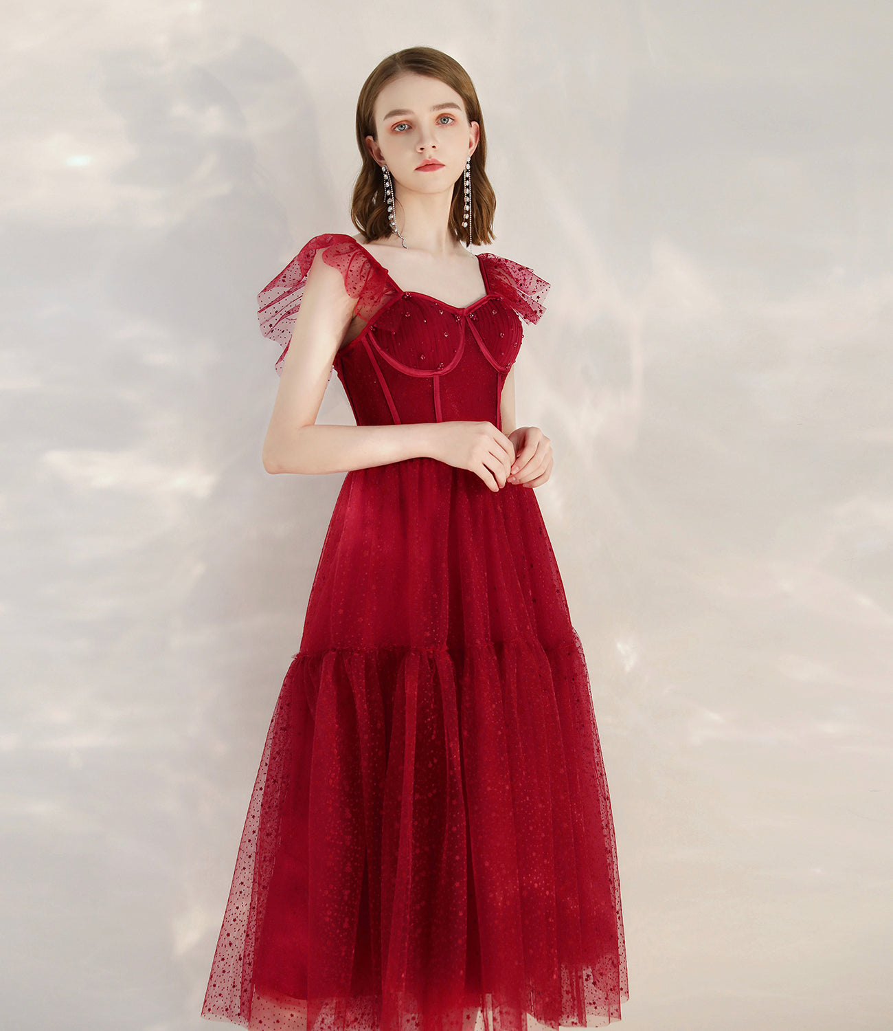 Red tulle short A line prom dress cocktail dress HZ1023