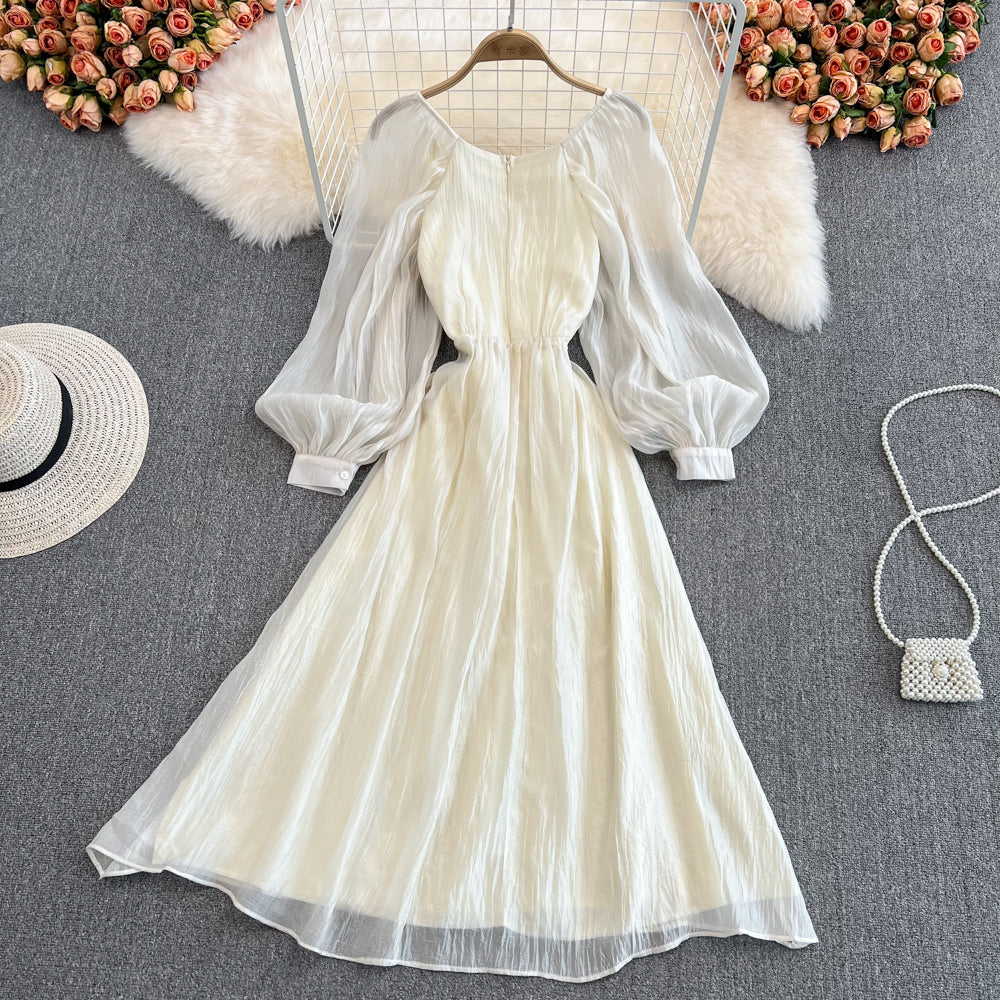 Champagne V Neck Long Sleeve Dress A Line Fashion Dress HZ1023