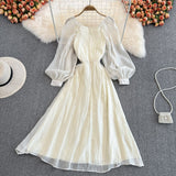 Champagne V Neck Long Sleeve Dress A Line Fashion Dress HZ1023