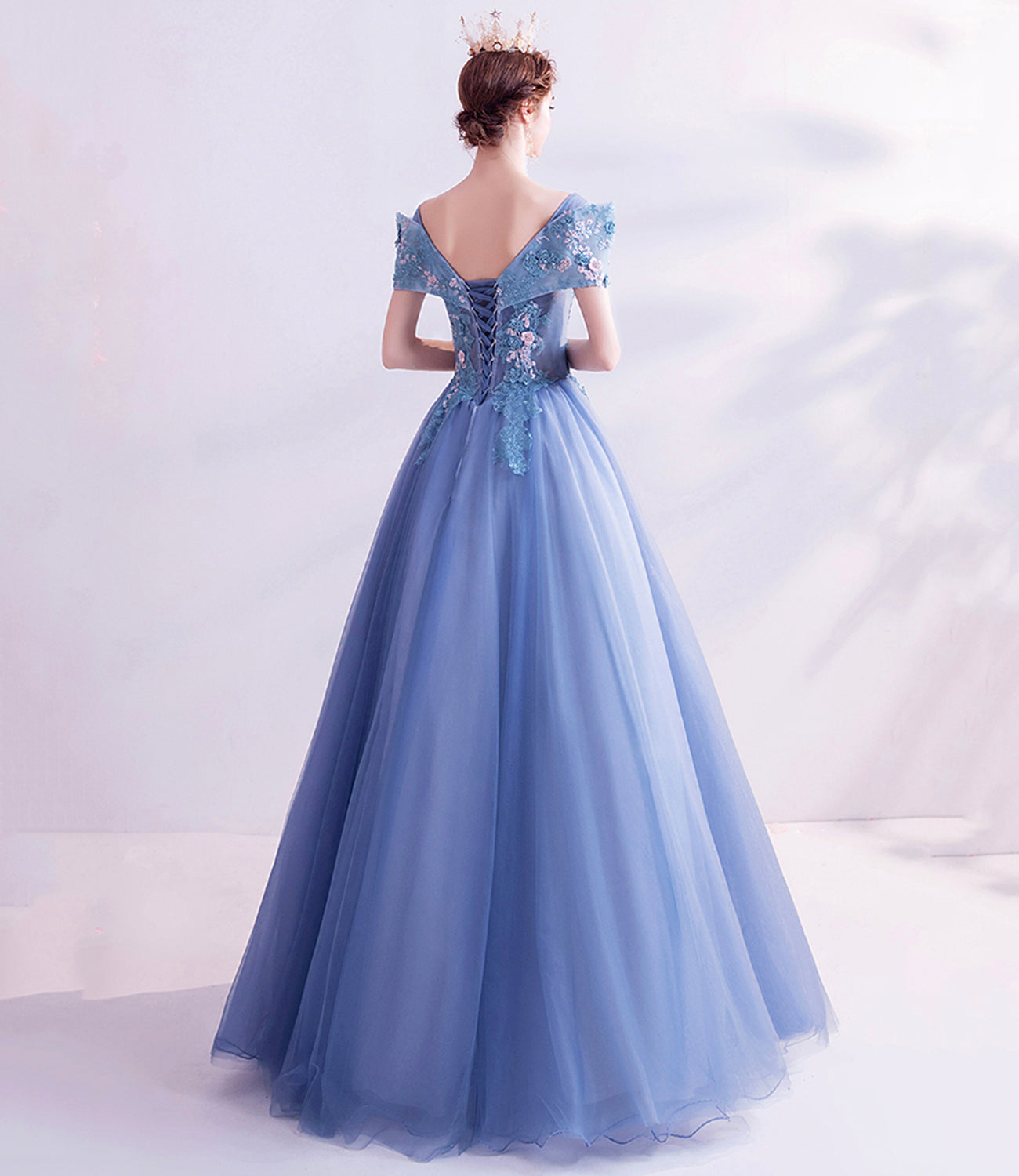 Blue tulle lace long prom dress A line formal dresses HZ1023