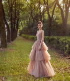 Stylish tulle beads long prom dress A line evening dress HZ1023