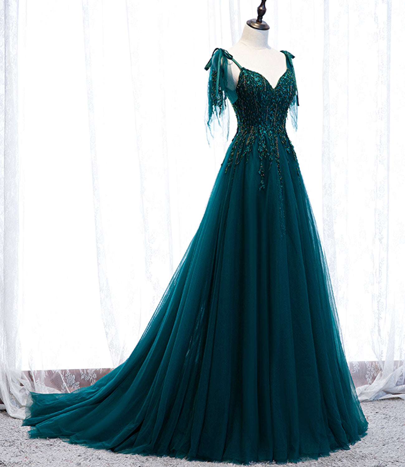 Green gorgeous exquisite beaded lace A-line long tulle ball gown evening dress HZ1023
