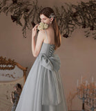 Gray soft chiffon long prom dress A line evening dress HZ1023