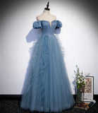 Blue satin tulle long prom dress blue evening dress HZ1023