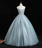 Blue tulle sequins long prom dress A line formal dress HZ1023