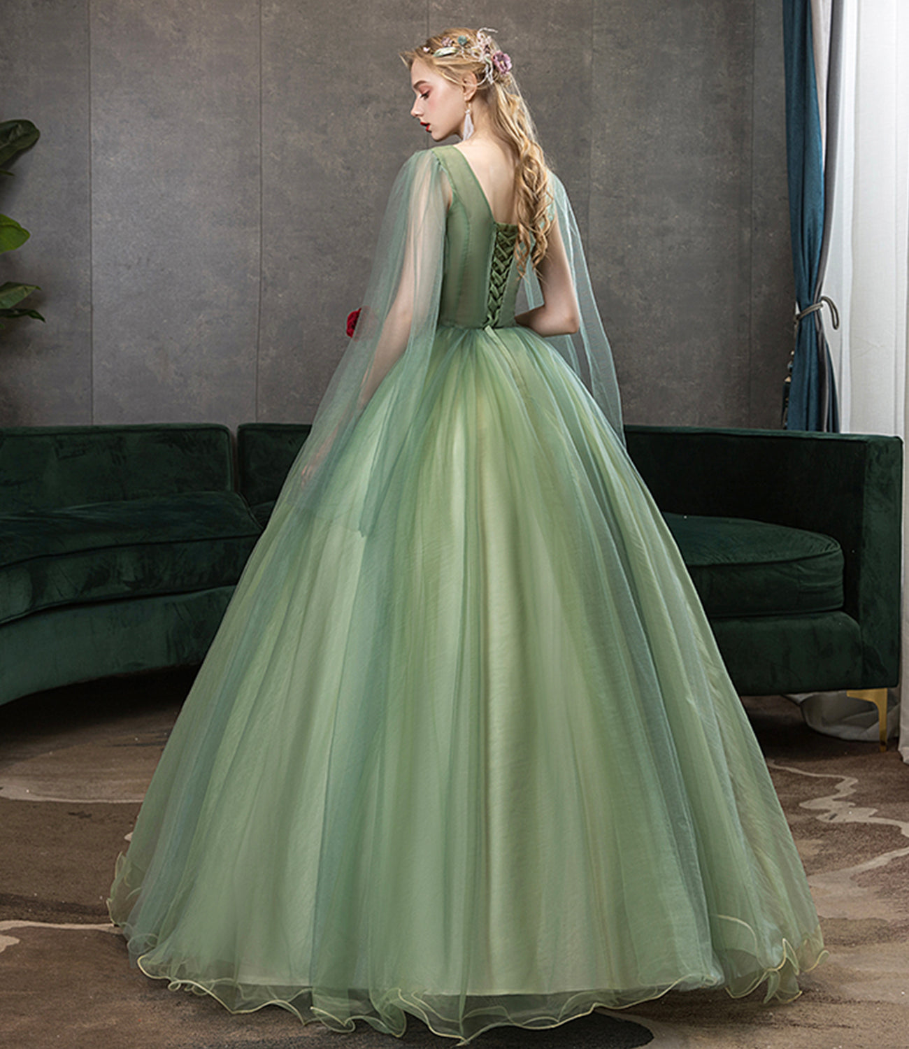 Green tulle lace long prom dress A line evening gown HZ1023