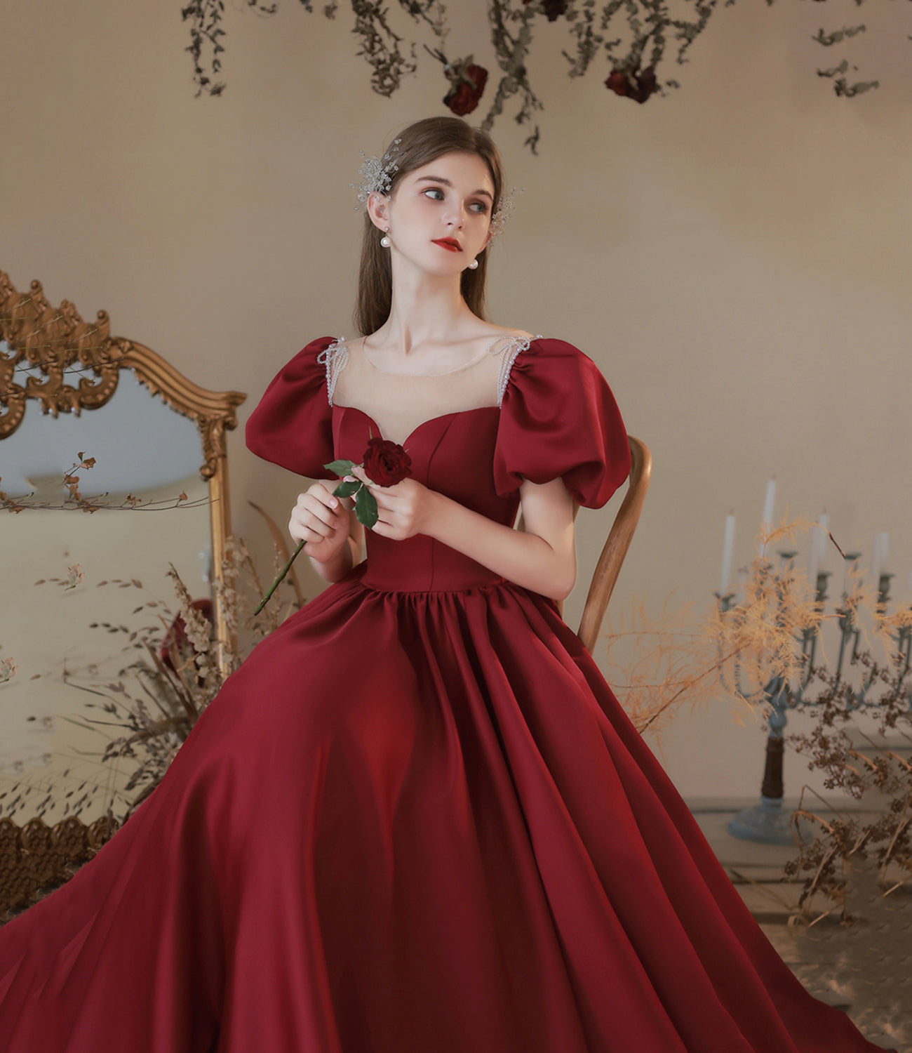 Burgundy satin long prom dress A line evening dress HZ1023