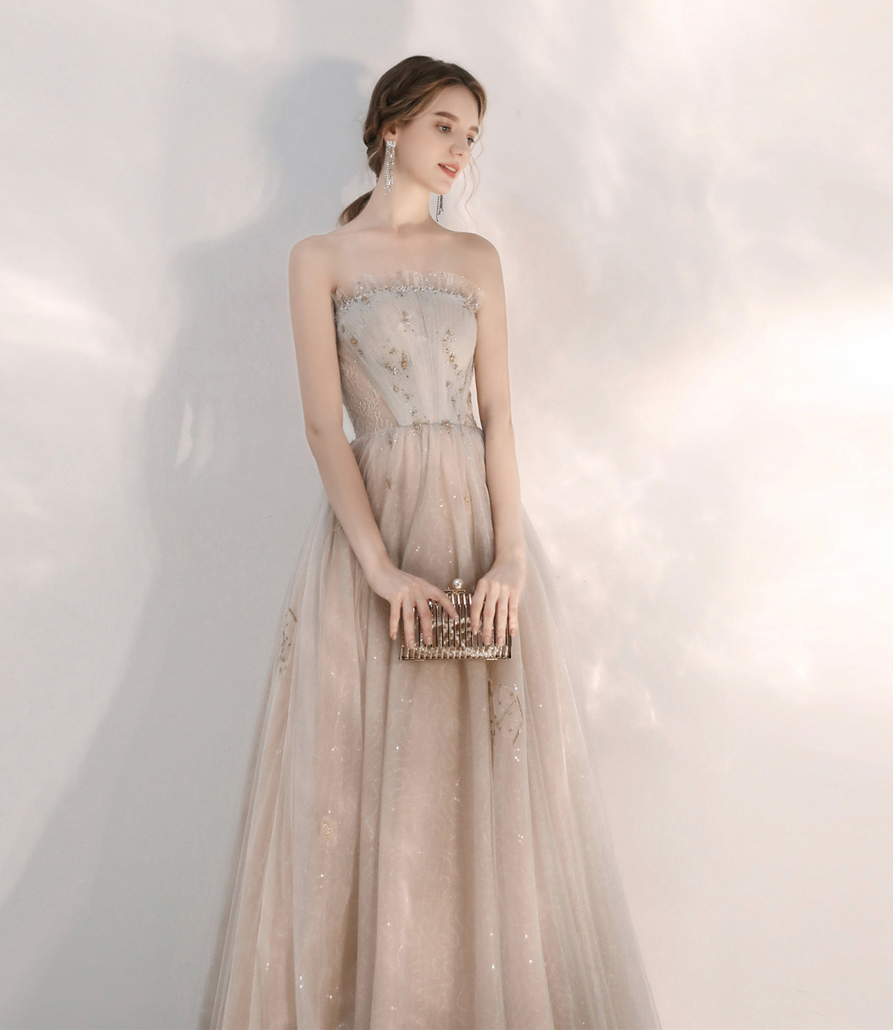 Champagne tulle sequins long prom dress A line evening dress HZ1023