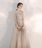 Champagne tulle sequins long prom dress A line evening dress HZ1023
