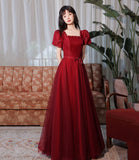 Burgundy satin tulle long prom dress A line evenig dress HZ1023