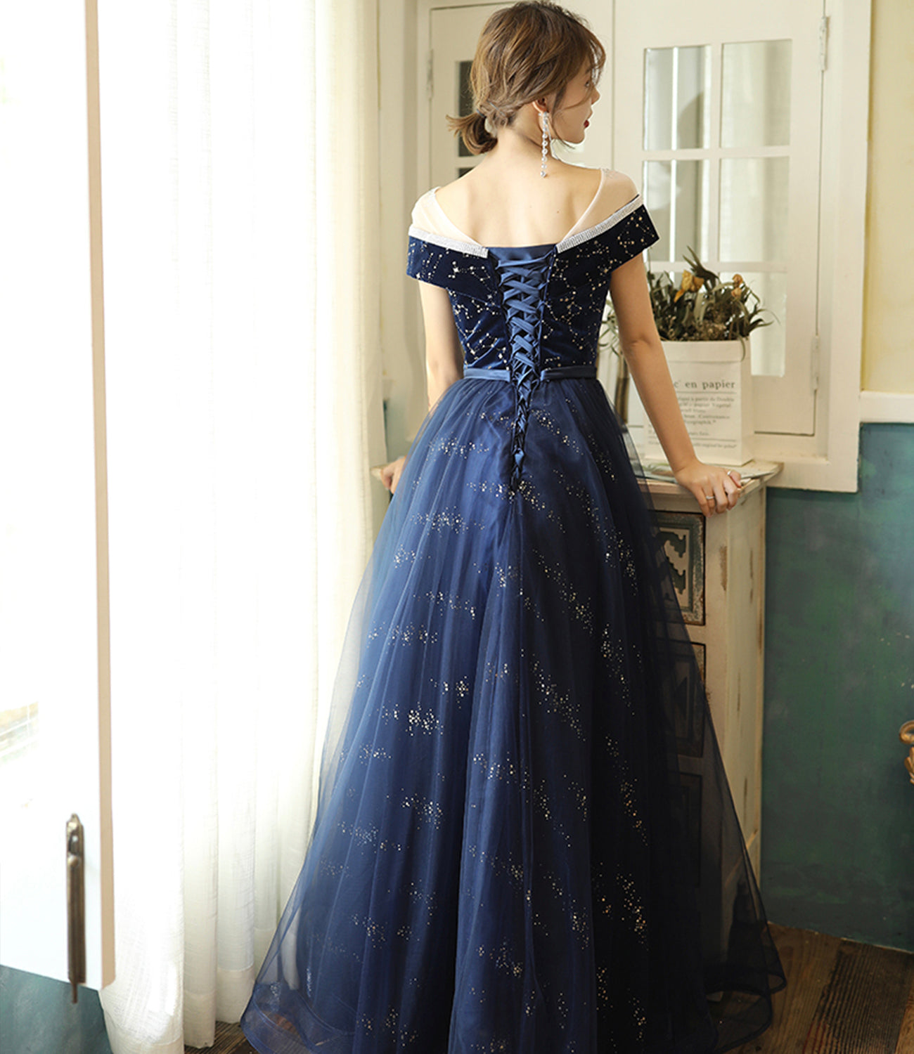 Blue velvet tulle long prom dress evening dress HZ1023