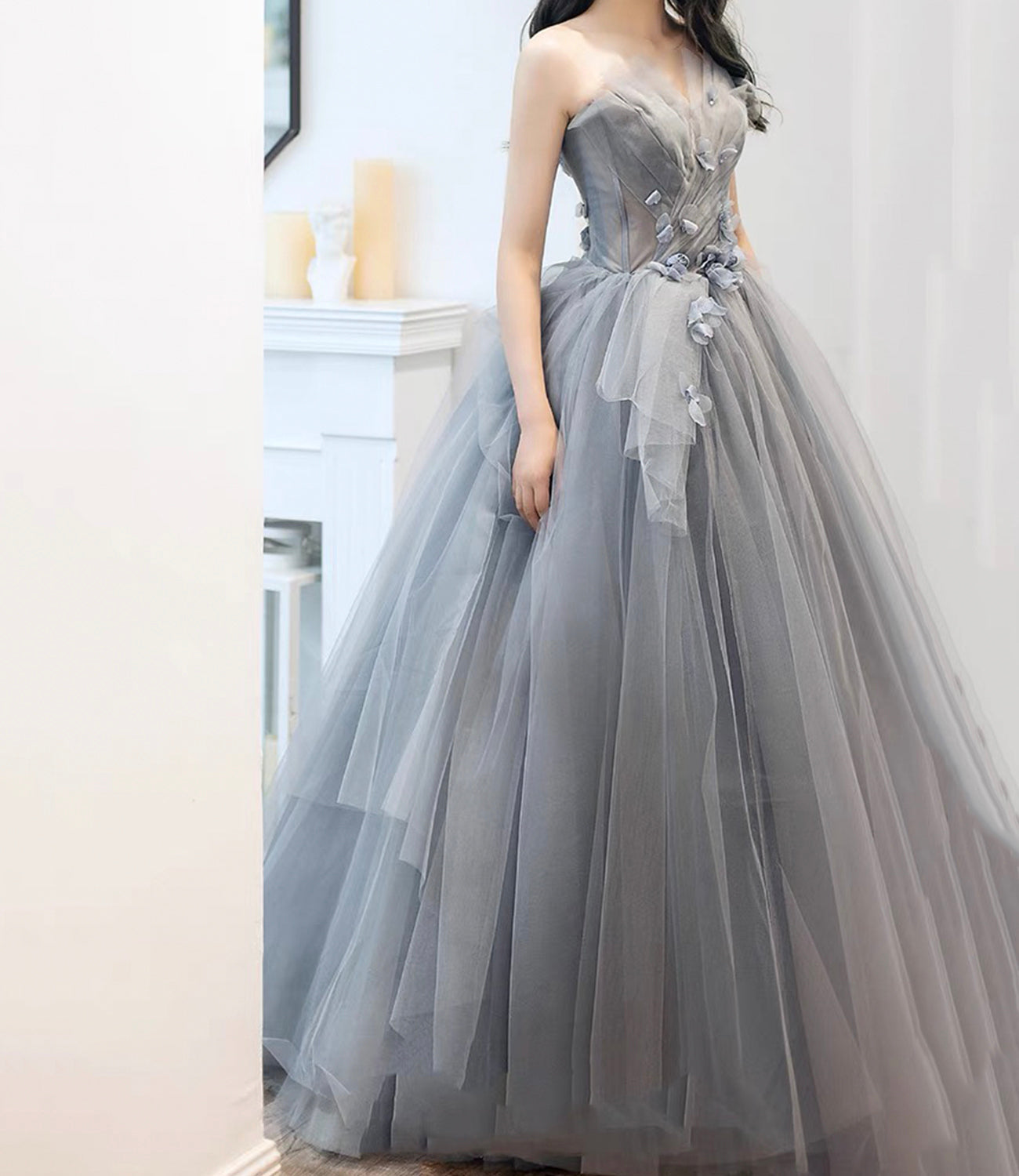 Gray tulle applique long prom dress A line evening gown HZ1023