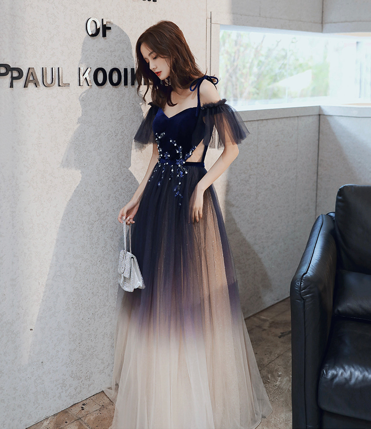 Blue velvet tulle long prom dress A line evening dress HZ1023