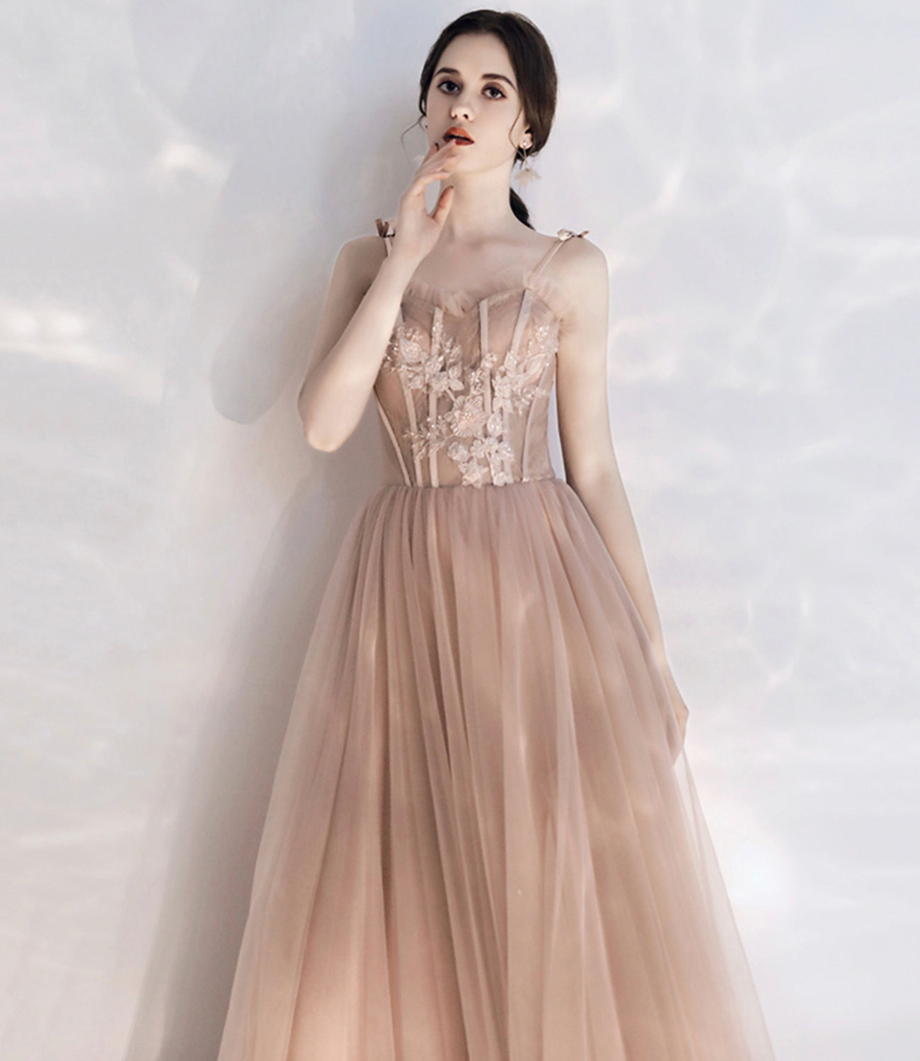 Stylish tulle lace long prom dress A line evening dress HZ1023