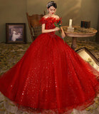 Red tulle sequins long ball gown dress A line evening dress HZ1023