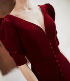 Burgundy velvet long prom dress mermaid evening dress HZ1023
