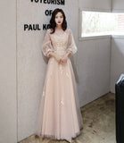 Pink Elegant Fashion A-line Lace Long sleeves Long Tulle Ball Gown Evening Gown Bridesmaid Dress HZ1023
