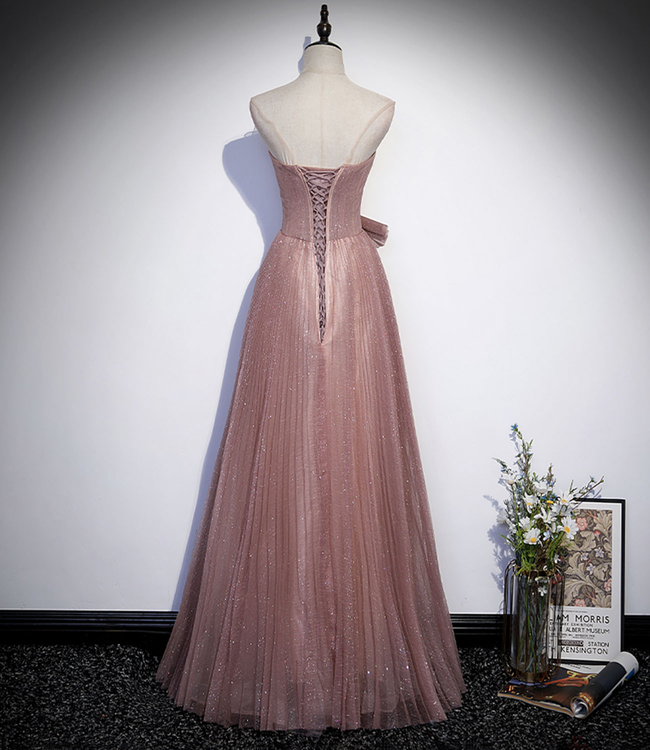 Pink tulle sequins long prom dress A line evening dress HZ1023