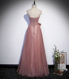 Pink tulle sequins long prom dress A line evening dress HZ1023