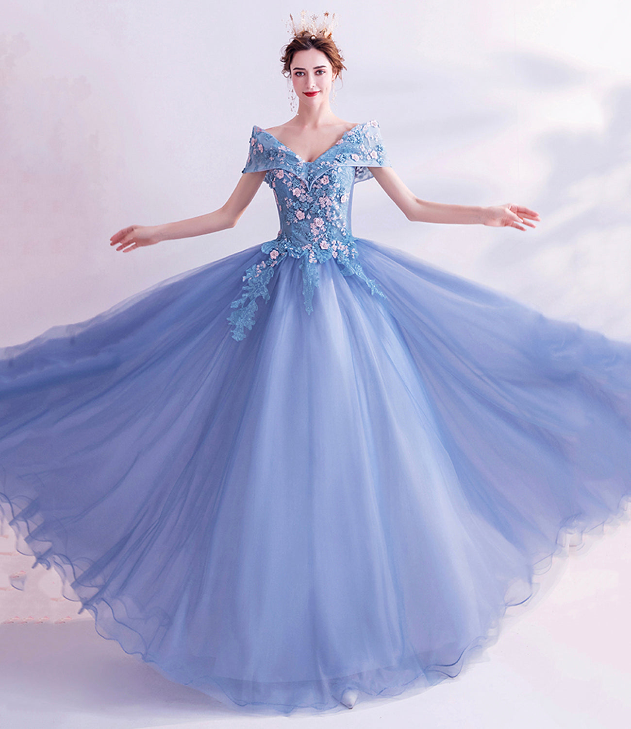 Blue tulle lace long prom dress A line formal dresses HZ1023