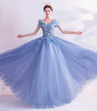 Blue tulle lace long prom dress A line formal dresses HZ1023