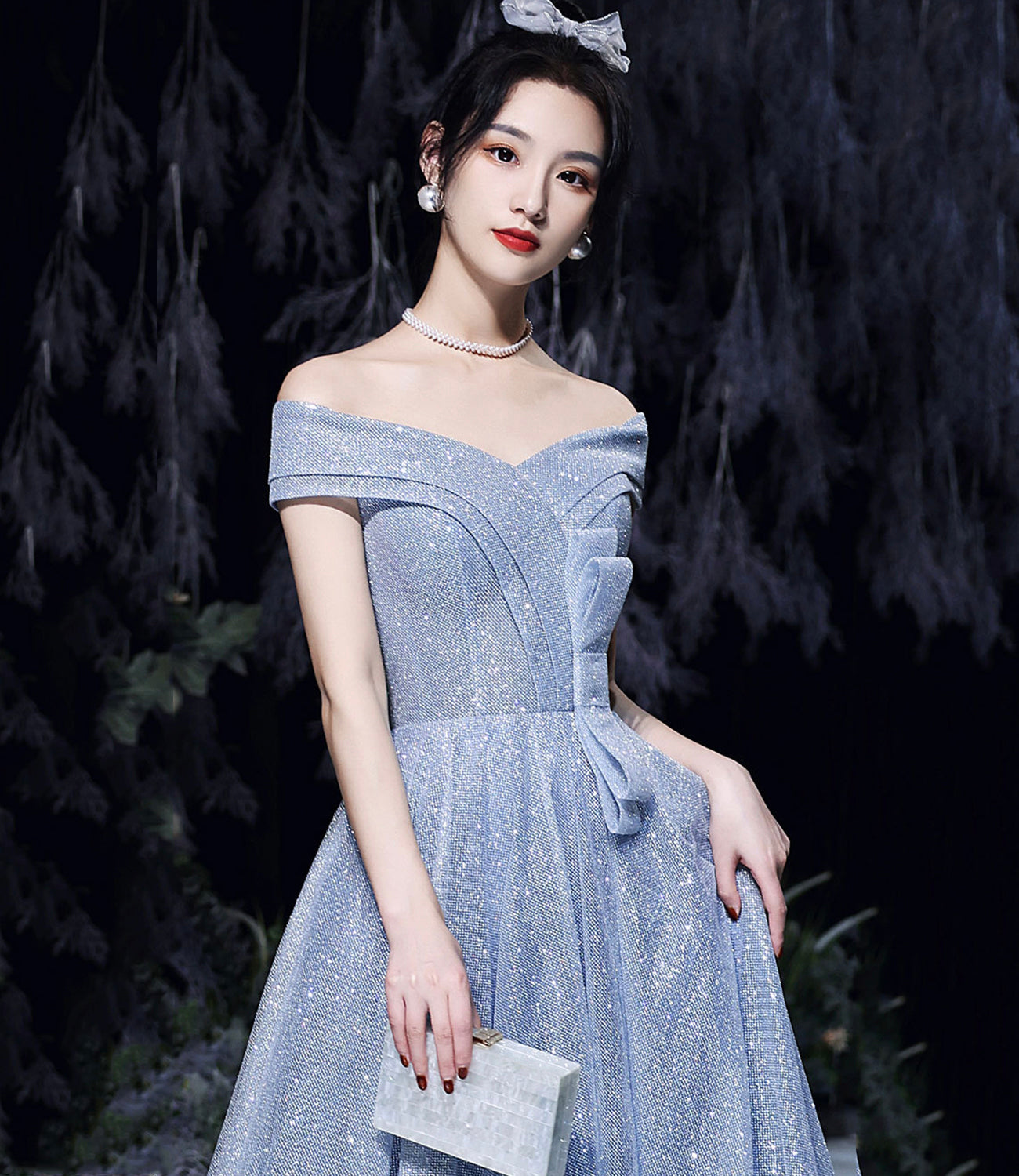 Blue tulle sequins long prom dress blue evening dress HZ1023