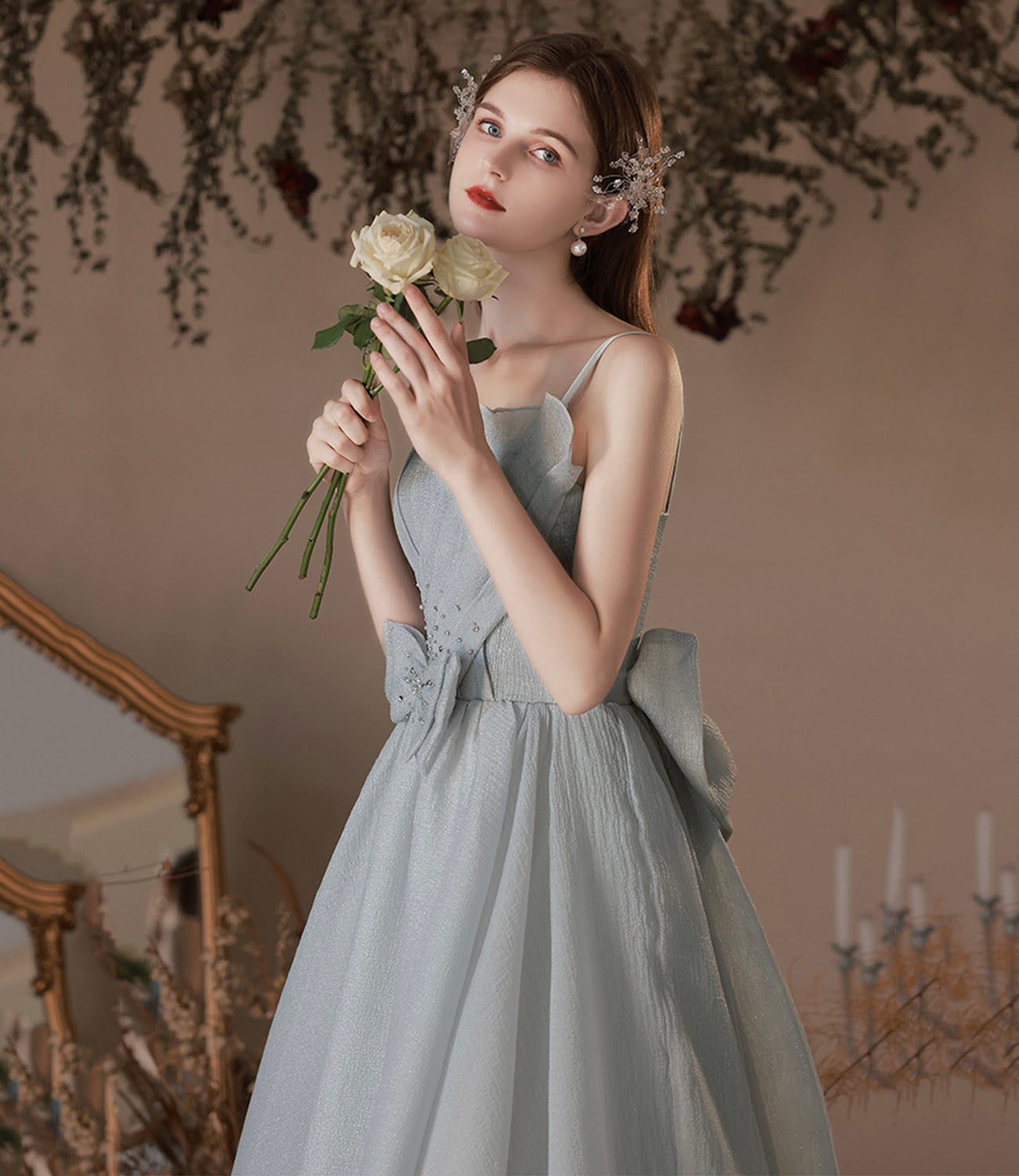 Gray soft chiffon long prom dress A line evening dress HZ1023