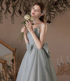 Gray soft chiffon long prom dress A line evening dress HZ1023