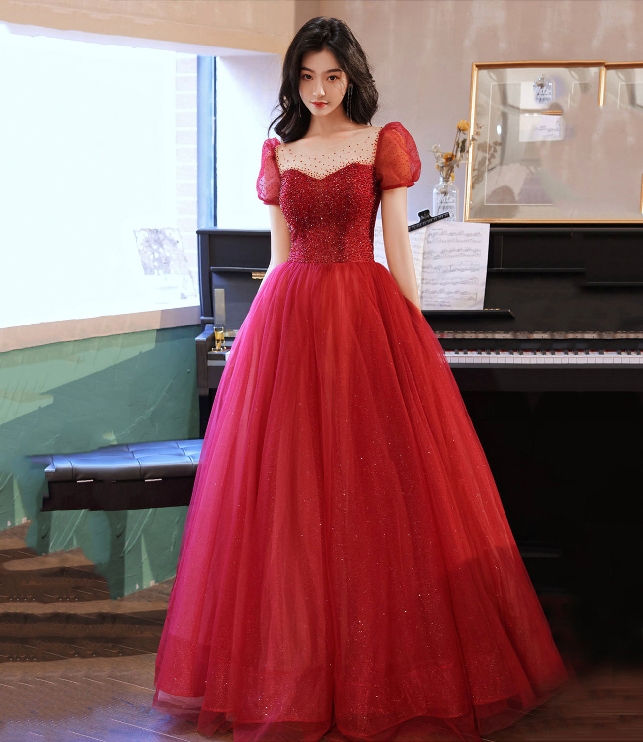 Burgundy tulle beads long prom dress evening gown HZ1023