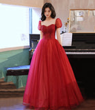 Burgundy tulle beads long prom dress evening gown HZ1023