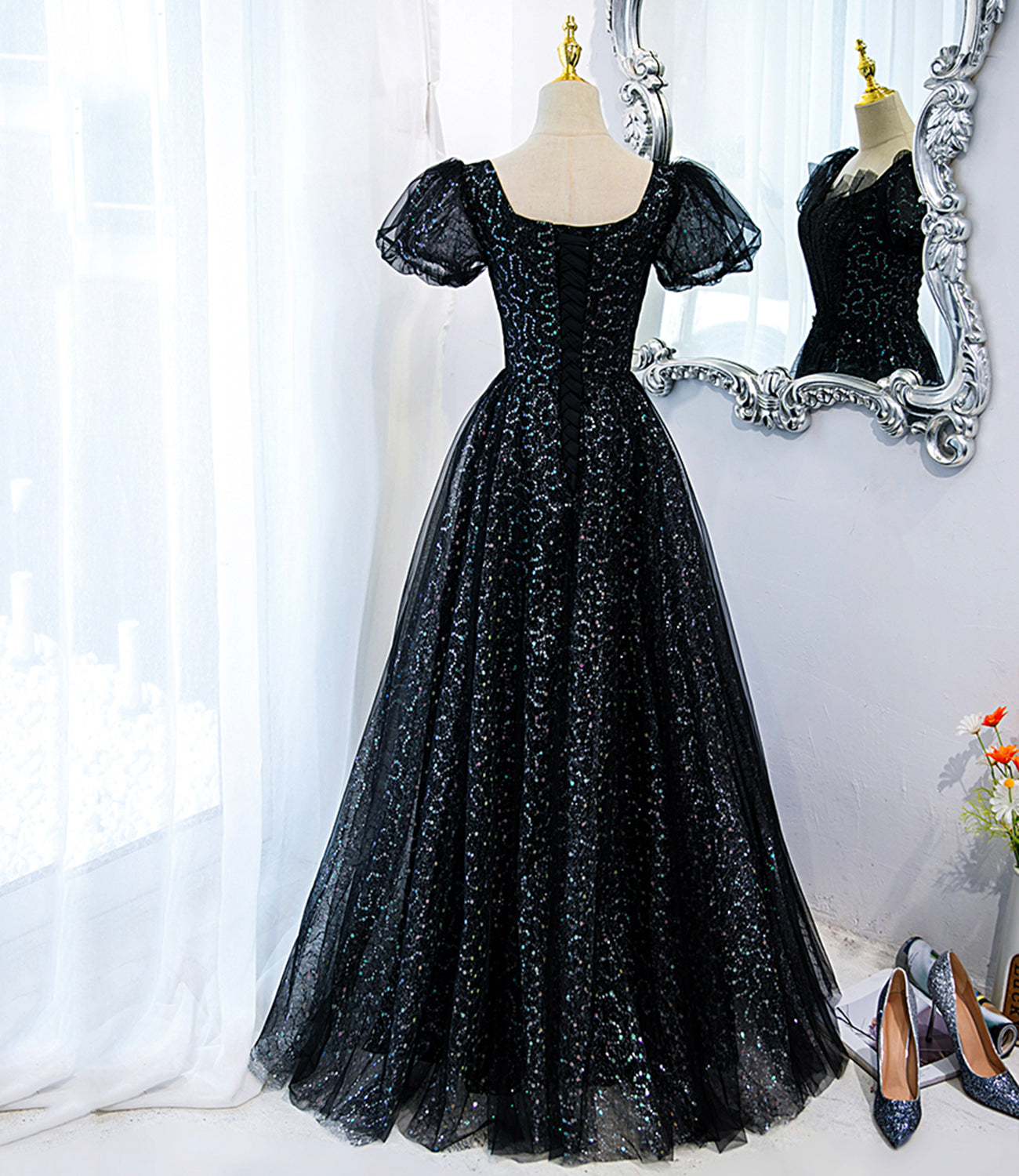 Black tulle sequins long prom dress black evening dress HZ1023