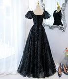Black tulle sequins long prom dress black evening dress HZ1023